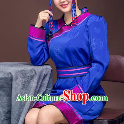 Chinese Traditional Female Ethnic Costume, China Mongolian Minority Folk Dance Royalblue Dress for Women