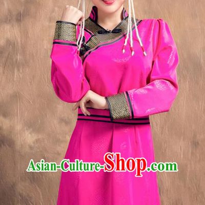 Chinese Traditional Female Ethnic Costume, China Mongolian Minority Folk Dance Rosy Dress for Women