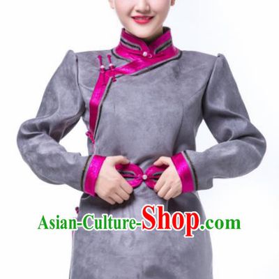Chinese Traditional Female Grey Suede Fabric Ethnic Costume, China Mongolian Minority Folk Dance Clothing for Women