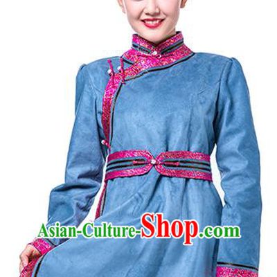 Chinese Traditional Female Blue Suede Fabric Ethnic Costume, China Mongolian Minority Folk Dance Clothing for Women
