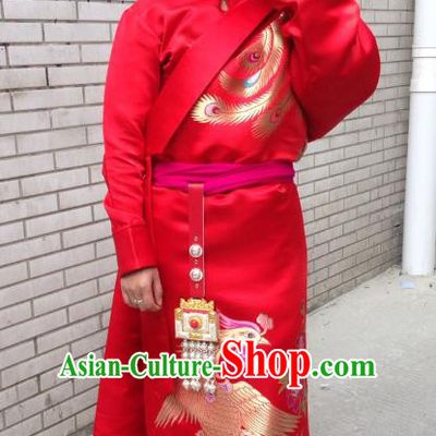 Chinese Traditional Minority Dance Costume Zang Nationality Clothing Red Tibetan Robe for Women