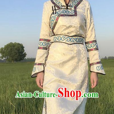 Chinese Mongol Nationality Female Ethnic Costume, Traditional Mongolian Folk Dance White Mongolian Robe for Women
