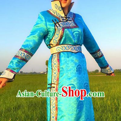 Chinese Mongol Nationality Female Ethnic Costume, Traditional Mongolian Folk Dance Blue Mongolian Robe for Women