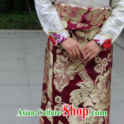 Chinese Traditional Minority Dance Costume Wine Red Tibetan Skirt Zang Nationality Clothing for Women
