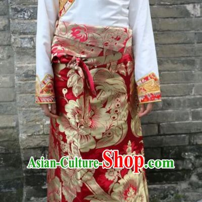 Chinese Traditional Minority Dance Costume Red Tibetan Skirt Zang Nationality Clothing for Women