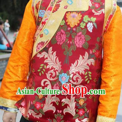 Chinese Traditional Minority Wedding Costume Red Tibetan Vest Zang Nationality Clothing for Women