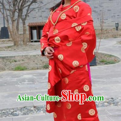 Chinese Traditional Minority Wedding Costume Red Satin Tibetan Robe Zang Nationality Clothing for Women