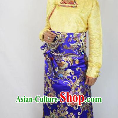 Chinese Traditional Minority Costume Tibetan Royalblue Brocade Skirt Zang Nationality Clothing for Women