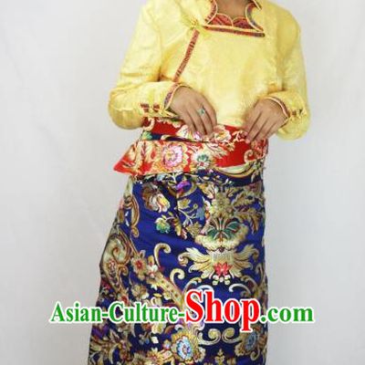 Chinese Traditional Minority Costume Tibetan Navy Brocade Skirt Zang Nationality Clothing for Women