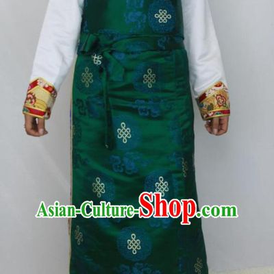 Chinese Traditional Minority Costume Tibetan Green Brocade Skirt Zang Nationality Clothing for Women