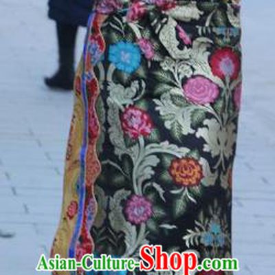 Chinese Traditional Minority Costume Tibetan Black Brocade Skirt Zang Nationality Clothing for Women