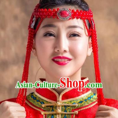 Traditional Chinese Folk Dance Tassel Hair Accessories, Mongolian Minority Red Beads Hair Jewelry Dance Headband for Women