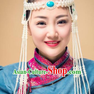Traditional Chinese Folk Dance Tassel Hair Accessories, Mongolian Minority White Beads Hair Jewelry Dance Headband for Women