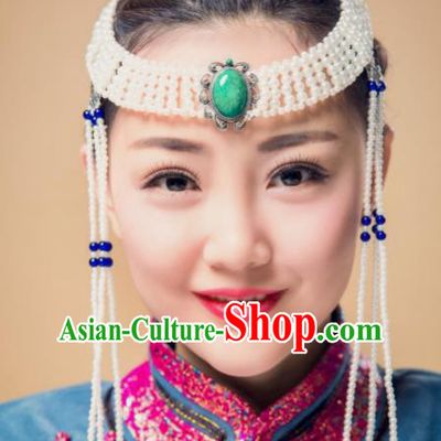 Traditional Chinese Folk Dance Tassel Kallaite Hair Accessories, Mongolian Minority Bride Hair Jewelry Dance Headband for Women