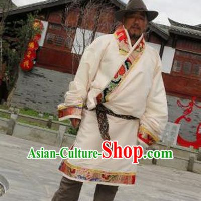 Chinese Traditional Tibetan Minority Wedding Costume Zang Nationality White Brocade Tibetan Robe for Men