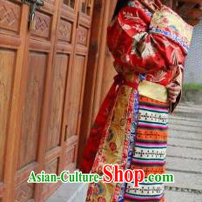 Chinese Traditional Red Wedding Tibetan Robe Minority Costume Zang Nationality Clothing for Women