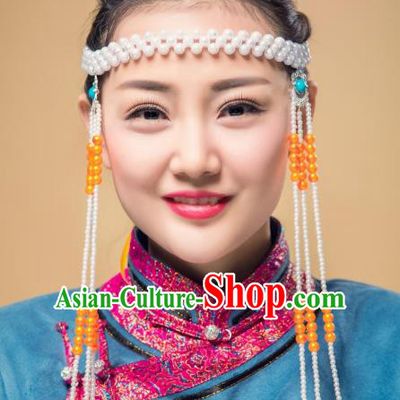 Chinese Traditional Folk Dance Tassel Hair Accessories, Mongolian Minority Bride Orange Beads Hair Jewelry Dance Headband for Women