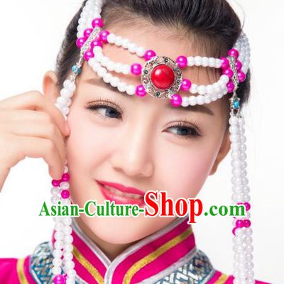 Chinese Traditional Folk Dance Tassel Hair Accessories, Mongolian Minority Bride Rosy Beads Hair Jewelry Dance Headband for Women