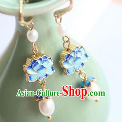 Chinese Ancient Handmade Earrings Accessories Hanfu Blueing Lotus Eardrop for Women