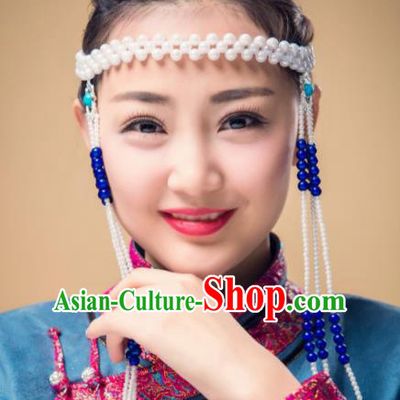 Chinese Traditional Folk Dance Tassel Hair Accessories, Mongolian Minority Bride Blue Beads Hair Jewelry Dance Headband for Women