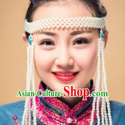 Chinese Traditional Ethnic White Beads Tassel Hair Accessories, Mongolian Minority Folk Dance Headwear for Women