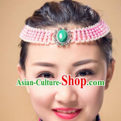 Chinese Traditional Ethnic Pink Beads Hair Accessories, Mongolian Minority Folk Dance Headwear for Women
