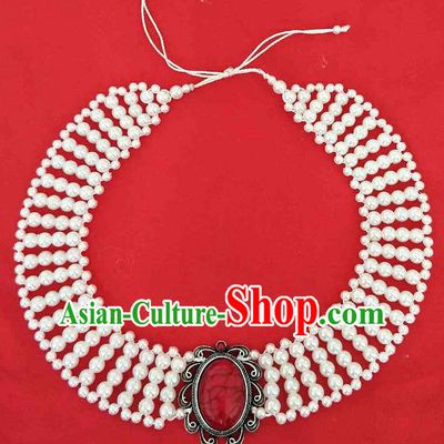 Chinese Traditional Ethnic White Beads Hair Accessories, Mongolian Minority Folk Dance Headwear for Women