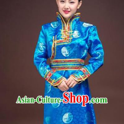 Chinese Traditional Female Ethnic Costume, China Mongolian Minority Folk Dance Blue Clothing for Women