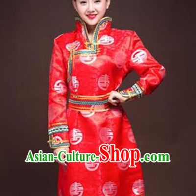 Chinese Traditional Female Ethnic Costume, China Mongolian Minority Folk Dance Red Clothing for Women