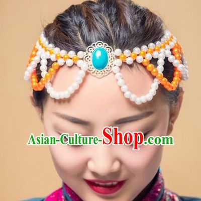 Chinese Traditional Mongol Ethnic Hair Accessories, Mongolian Minority Folk Dance Orange Beads Tassel Headwear for Women