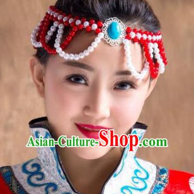 Chinese Traditional Mongol Ethnic Hair Accessories, Mongolian Minority Folk Dance Red Beads Tassel Headwear for Women