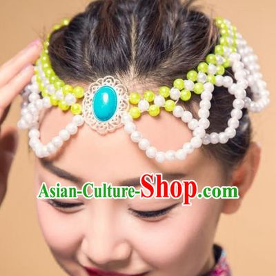 Chinese Traditional Mongol Ethnic Hair Accessories, Mongolian Minority Folk Dance Green Beads Tassel Headwear for Women