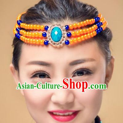 Chinese Traditional Mongol Stage Performance Hair Accessories, Mongolian Minority Folk Dance Orange Beads Headwear for Women
