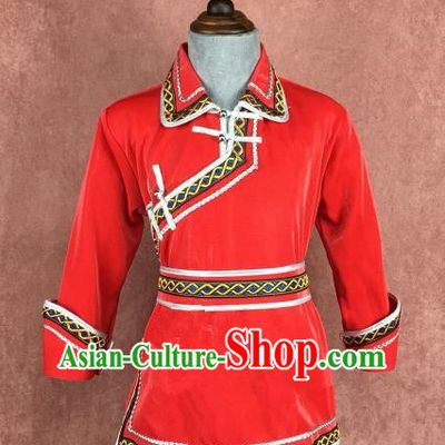 Chinese Traditional Children Ethnic Costume Red Mongolian Robe, China Mongolian Minority Folk Dance Clothing for Kids