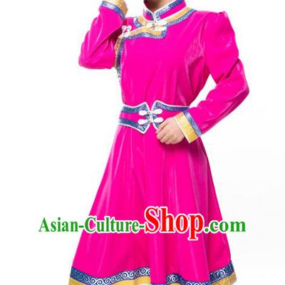 Chinese Traditional Female Ethnic Costume Rosy Mongolian Robe, China Mongolian Minority Folk Dance Clothing for Women