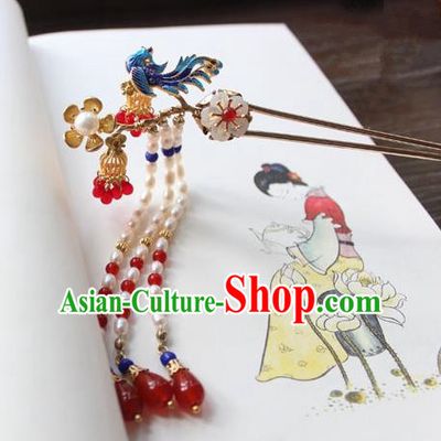 Chinese Ancient Handmade Palace Blueing Hair Clip Hair Accessories Hanfu Pearls Tassel Hairpins for Women