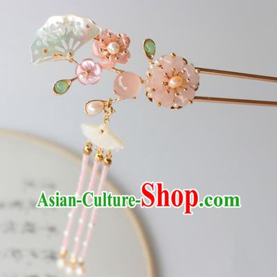 Chinese Ancient Handmade Shell Fan Hair Clip Hair Accessories Hanfu Tassel Hairpins for Women