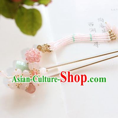 Chinese Ancient Handmade Palace Pink Beads Tassel Hair Clip Hair Accessories Hanfu Hairpins for Women