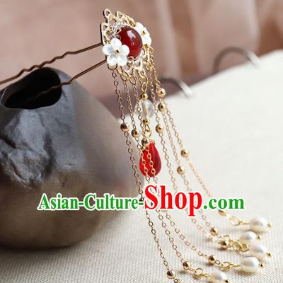 Chinese Ancient Handmade Classical Red Crystal Hair Clip Hair Accessories Pearls Tassel Step Shake Hanfu Hairpins for Women