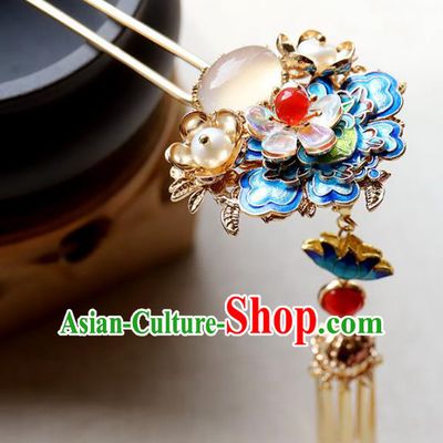 Chinese Ancient Handmade Bride Hair Clip Classical Hair Accessories Hanfu Blueing Flowers Hairpins for Women