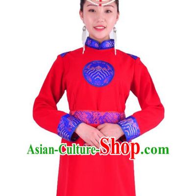 Chinese Mongol Nationality Costume Traditional Mongolian Minority Red Dress for Women