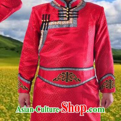 Chinese Mongol Nationality Costume Red Mongolian Robe Traditional Mongolian Minority Folk Dance Clothing for Men
