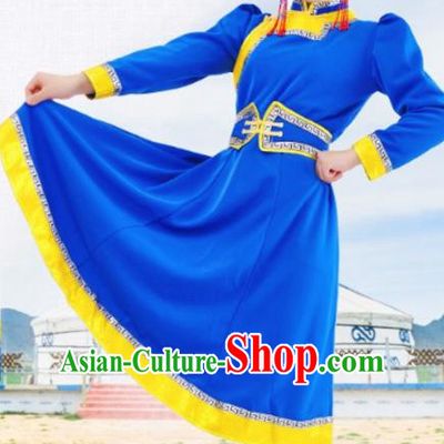 Chinese Mongol Nationality Blue Costume Traditional Mongolian Minority Dress for Women