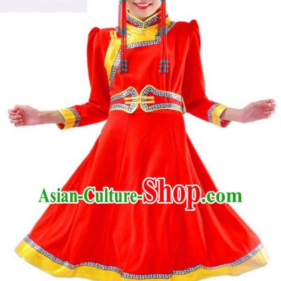 Chinese Mongol Nationality Red Costume Traditional Mongolian Minority Dress for Women