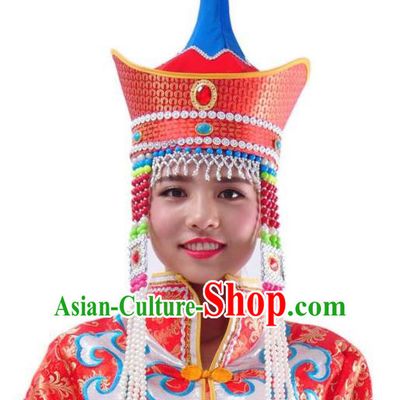 Chinese Handmade Mongol Nationality Wedding Red Hats Mongolian Bride Hats for Women
