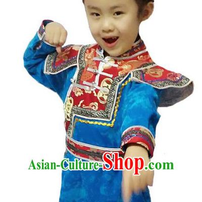 Chinese Mongol Nationality Costume Traditional Mongolian Minority Folk Dance Blue Mongolian Robe for Kids