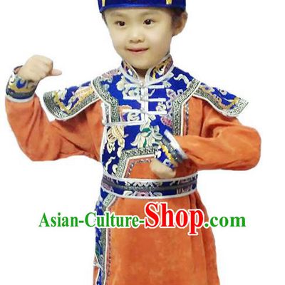 Chinese Mongol Nationality Costume Traditional Mongolian Minority Folk Dance Orange Mongolian Robe for Kids