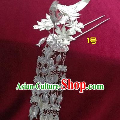 Chinese Traditional Miao Nationality Hair Accessories, Hmong Fishes Tassel Sliver Hairpins Headwear for Women