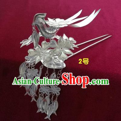 Chinese Traditional Miao Nationality Hair Accessories, Hmong Sliver Fishes Tassel Hairpins Headwear for Women