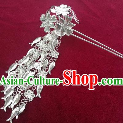 Chinese Traditional Miao Nationality Hair Accessories, Hmong Sliver Fishes Tassel Flowers Hairpins Headwear for Women